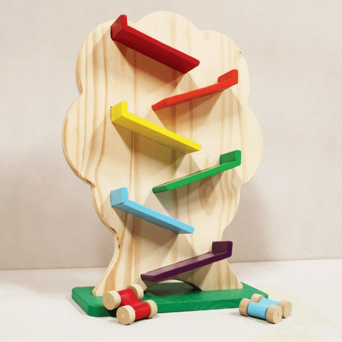 Imagen 2 de 4 de Rampa Árbol Madera Didáctico +2 Autos Montessori Waldorf