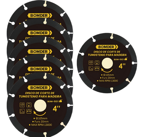 Kit 5 Discos De Corte Tungstenio Para Madeira Furo 20mm