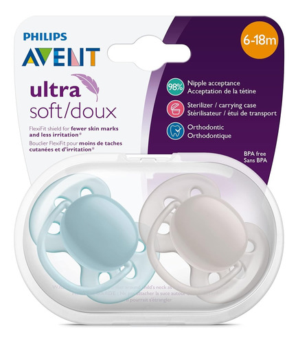 Chupo Avent Ultra Soft 6-18 M / Azul Caja De Esterilización