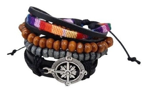 Conjunto Pulsera Brazalete Cuero Timon Brujula 4 En 1 