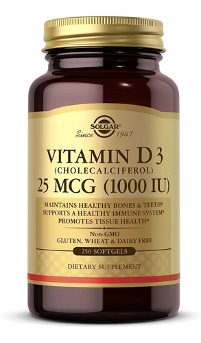 Vitamina D3 25mcg 1,000iu 250 Capsulas Blandas Solgar