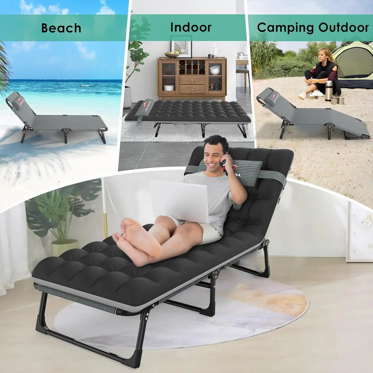 Silla Playera Portátil Plegable Con Colchón 4 Ajuste Camastro plegable Jm Vaal Negro