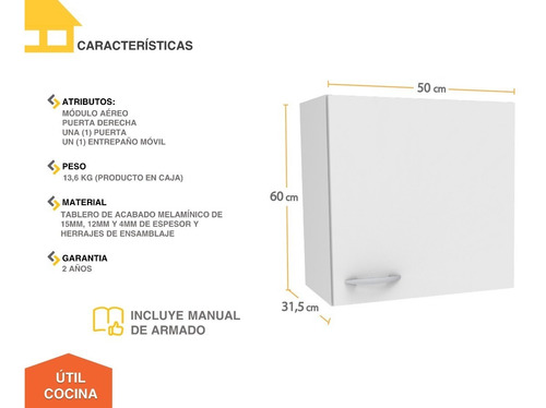 Imagen 5 de 10 de Mueble Módulo Aéreo Puerta Derecha Casa Lista Útil Cocina