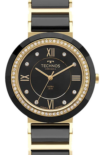 Relógio Technos Feminino Ceramic/saphire Dourado Original Correia DOURADO com PRETO Fundo Preto