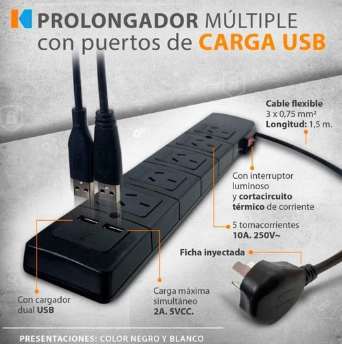 Imagen 3 de 9 de Zapatilla Prolongador 5 Tomas Negra + Usb + 1.5m Cable Kalop
