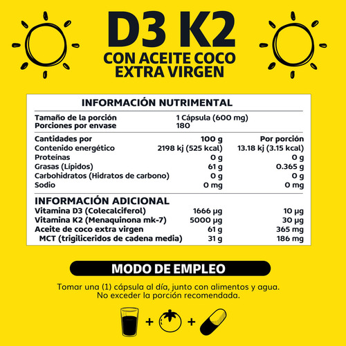 Beyond Vitamins | Vitamina D3 + Vitamina K2 | Cápsula Blanda Premium | Aceite De Coco Extra Virgen | Mct (trigliceridos) Para Mayor Absorción | Coconut Oil - 180 Cápsulas