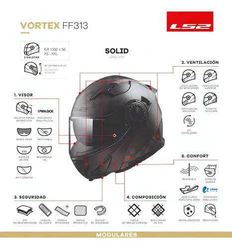 Casco Moto Carbono Modular Ls2 313 Vortex Brillo Color Negro Brillante Tamaño Del Casco L