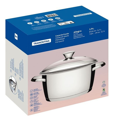Caçarola Funda Inox Tramontina Com Tampa De Vidro 24cm 5,7l