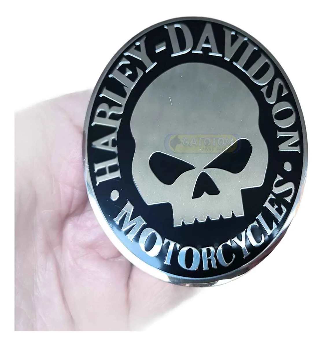 Emblema Adesivo Em Metal Caveira Motos Harley Davidson 9cm A Prata Com Detalhes Em Preto