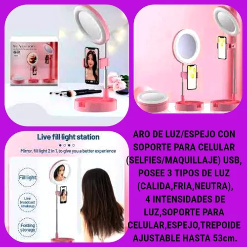 Espejo Con Aro Luz Led Selfie + Soporte Celular Maquillaje — Atrix