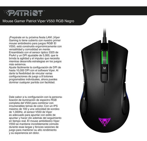 Imagen 6 de 7 de Mouse Gamer Patriot Viper V550 Rgb Negro Esport 10000 Dpi