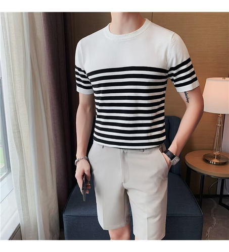 Camiseta De Manga Corta De Punto A Rayas Para Hombre - Top M