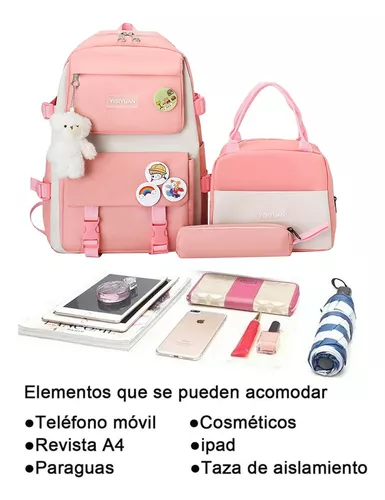 Set 3 Mochila Bolsas Escolar Estudiante Lapicera Tote Lona,rosa