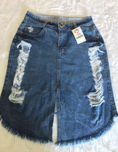 Saia Jeans Feminina Rasgada Midi Cintura Alta Destroyed