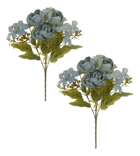 Kit 2 Buquê Peônia E Hortênsia 30cm - Flor Artificial Cor Azul-aço
