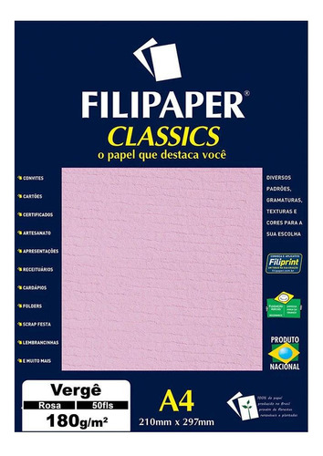 Papel Vergê A4 Filipaper Classics 180g 50 Folhas Rosa