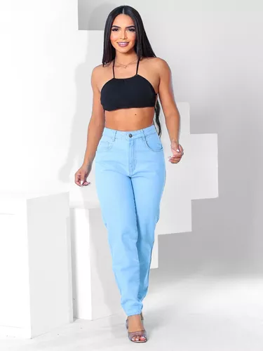 Calça Jeans Mon Cintura Alta Azul Escuro Feminina Tendência 2023