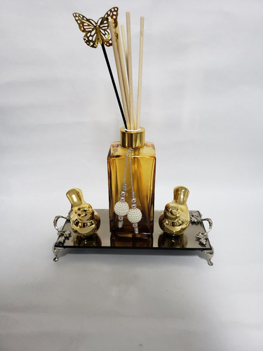 Imagem 7 de 8 de Kit Lavabo Frasco Degrade Ouro Difusor Bandeja Luxo 250ml