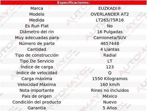 Pack 4 Llantas Overlander At2 Euzkadi Lt265/75r16 123q