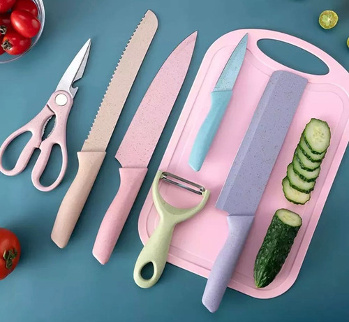 Evcrierh Kitchen Knife Utensílios De Cozinha Com Facas Coloridas E Tábua 7 Peças Cor Mesclado