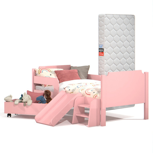 MS Móveis mini berço cama infantil proteção lateral com baú organizador colchão e escada para quarto de criança