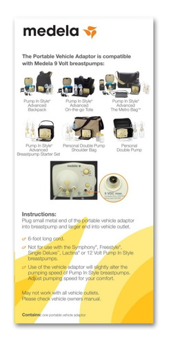 Medela Adaptador Portátil Para Vehículo 9 Volts
