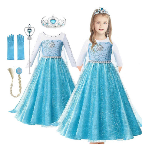 Vestido Elsa For Niña, Juego De 5 Piezas, For Disfraz De P .