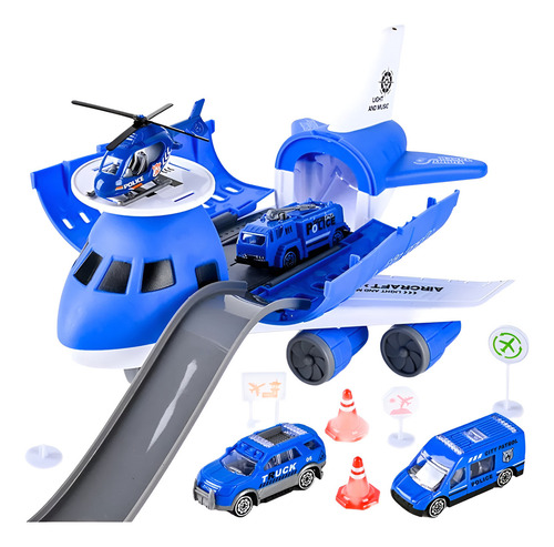 Avião Carga Brinquedo Carrinhos Helicoptero Bombeiro Policia Cor Azul