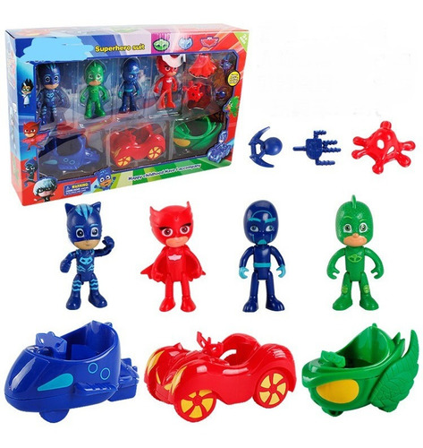 Pjmasks Set De 4 Figuras De 10 Cm + 3 Carros Con Accesorios