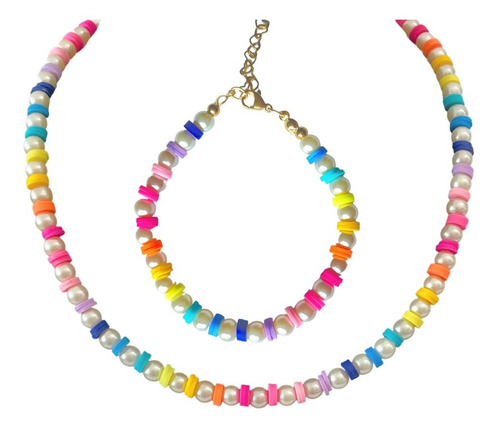 Set Collar Pulsera Multicolor Perlas Cristal Chapa Oro 18k 