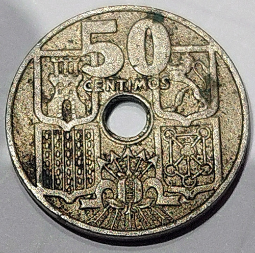 Moneda España 1949, 50 Centimos Ancla Escudo, Perforada