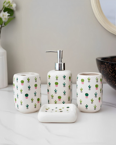 Imagen 3 de 6 de Set Baño 4ps Dispenser Jabonera Ceramica Cactus D+m Bazar