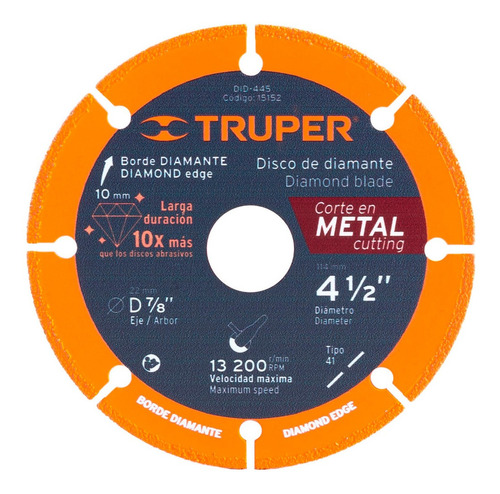 Disco 4.5'' Diamante P/ Corte De Metal Tipo 41 Truper 15152