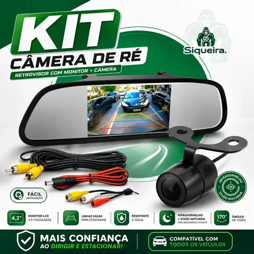 Kit Câmera de Ré Automotiva com Tela LCD no Retrovisor Visão Noturna e Linhas Guias Coloridas Para Carro Van S Siqueira