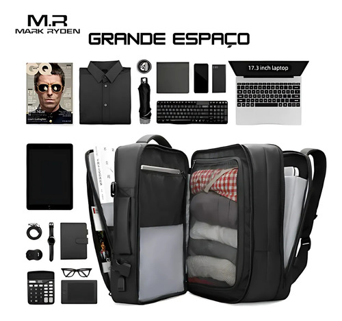 Mochila Mala Viagem Expansível 26-39l Notebook 17,3 Com Capa De Chuva Modelo Aviator Pro Rain Mark Ryden - Cor Preto