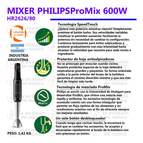 Imagen 2 de 7 de Mixer Philips Promix 600w Minipimer Licuadora Manual Vaso