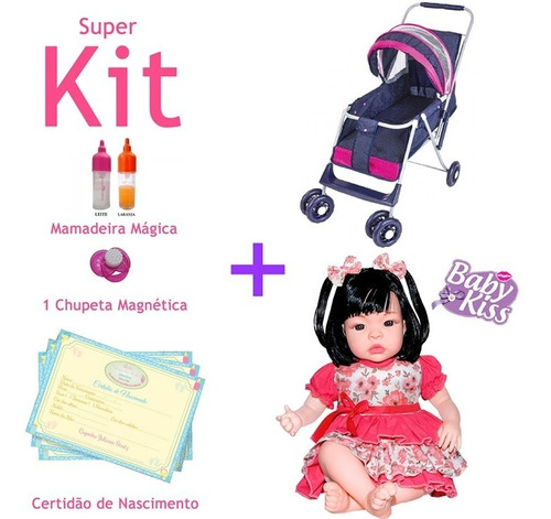 Boneca Baby Kiss Estilo Reborn + Carrinho Luxo + Kit Chupeta