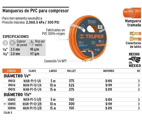 Manguera Pvc Compresor Aire Truper 19014 1/4'' 10mts Oferta