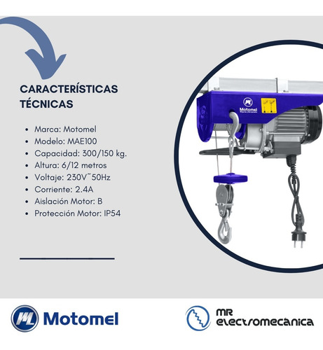 Malacate Aparejo Electrico Motomel 300 Kilos 220v Mae100