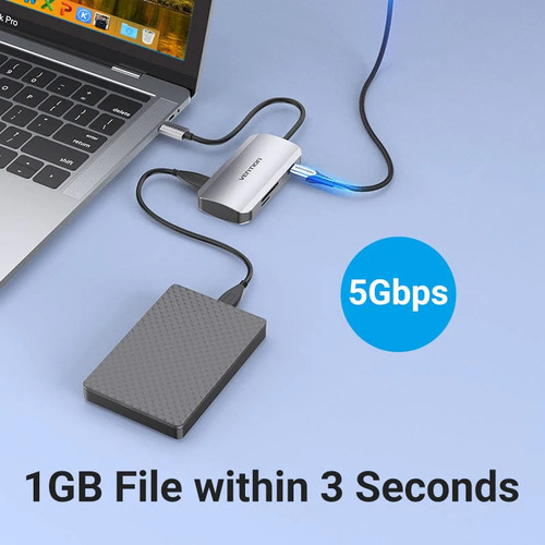 Hub Usb Multipuerto Vention - 6 En 1 - Usb C + 3 Puertos Usb 3.0 + Lector De Tarjetas Sd / Tf + Power Delivery 100w Usb C - 5gbps Carcasa Aluminio - 15 Cm - Premium Para Pc / Mac / Laptop - Tnhhb
