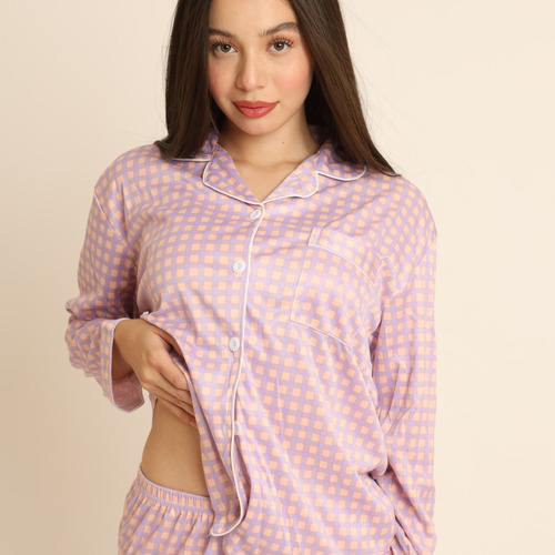 Cómoda Pijama Pantalón Cuadros Lila Dama 2 Piezas