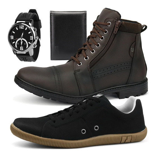 Bota Masculina Com Sapatênis Casual + Relógio E Carteira