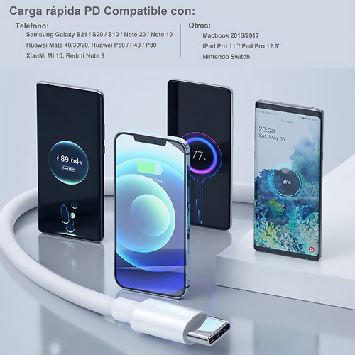 Cable 2 M 60w Usb Tipo C A Usb C Pd Carga Rápida Compatible
