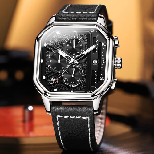 Olevs Relojes Cuadrados Para Hombres Cronógrafo De Cuero Mod