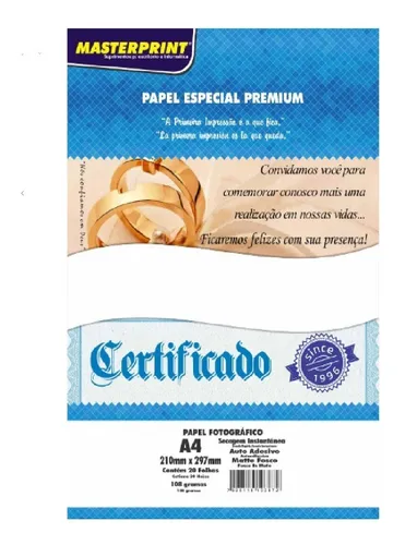 100 Folhas Papel Fotográfico Adesivo Matte A4 108g Masterprint