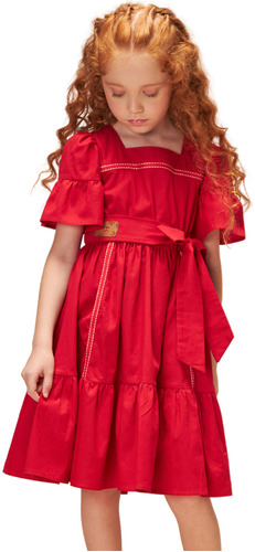 Vestido Infantil Em Tricoline Vermelho  Bambollina Bb1103