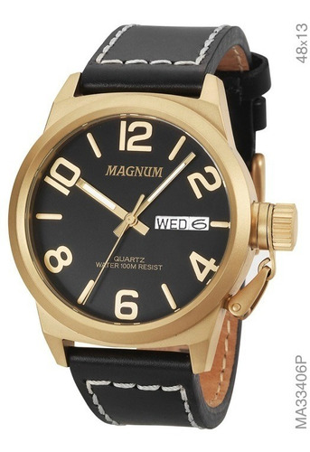 Relógio Magnum Masculino Ma33406p Dourado Couro Grande Cor da correia Preto Cor do fundo Preto