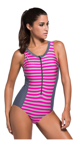 Traje De Baño Monokini  Rosa Con Gris Cierre  Push Up 41960