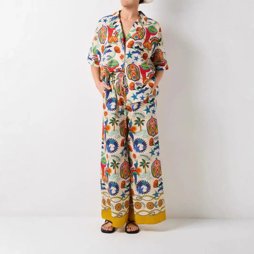 Traje De Lino Filiduo Con Estampado De Plantas Y Flores, Oto