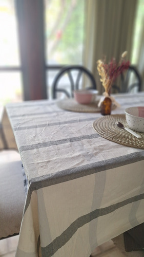 Mantel Tusor Cuadrille Premium 100% Algodón Gris Cuadrillé